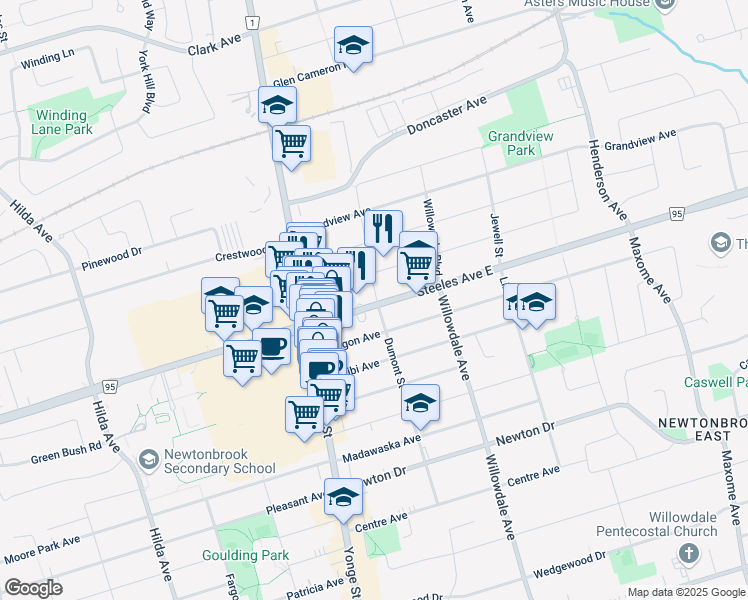 map of restaurants, bars, coffee shops, grocery stores, and more near 34 Steeles Avenue East in Markham