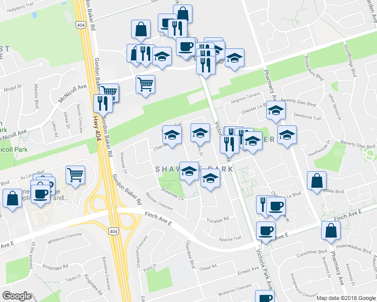 map of restaurants, bars, coffee shops, grocery stores, and more near 329 Cherokee Boulevard in Toronto