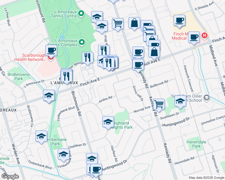map of restaurants, bars, coffee shops, grocery stores, and more near 102 Castle Hill Drive in Toronto