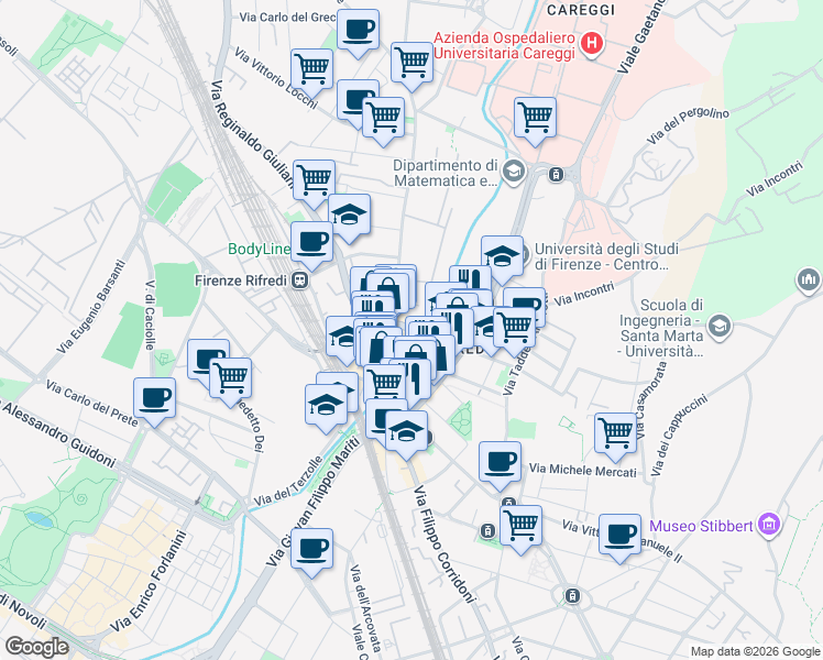 map of restaurants, bars, coffee shops, grocery stores, and more near 12 Via di Santo Stefano in Pane in Florence