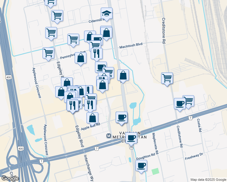map of restaurants, bars, coffee shops, grocery stores, and more near 201 Portage Parkway in Vaughan