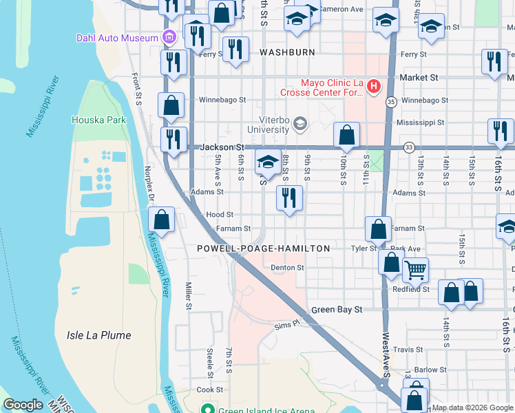 map of restaurants, bars, coffee shops, grocery stores, and more near 1220 7th Street South in La Crosse