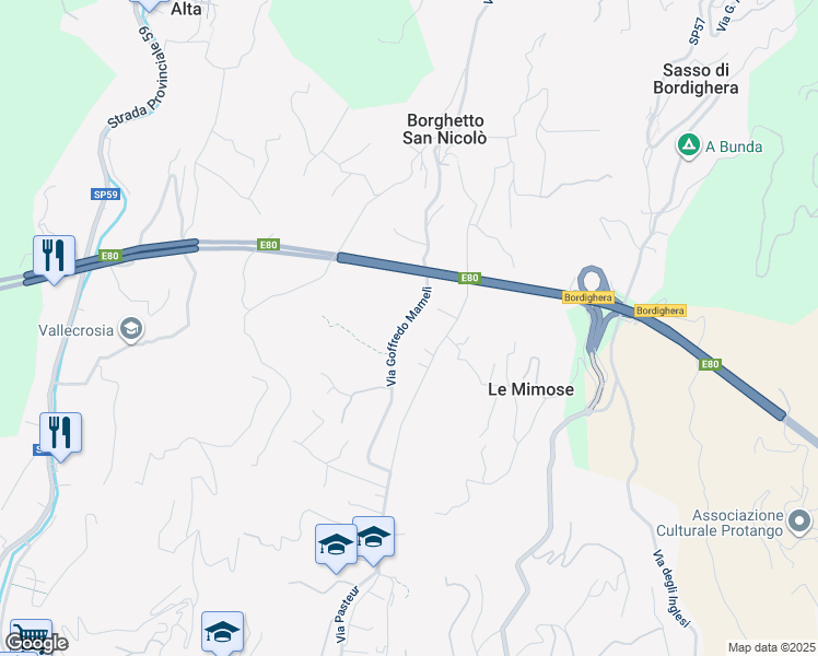 map of restaurants, bars, coffee shops, grocery stores, and more near 46 Via Goffredo Mameli in Bordighera