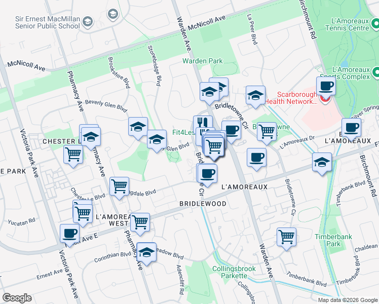 map of restaurants, bars, coffee shops, grocery stores, and more near 3131 Bridletowne Circle in Toronto