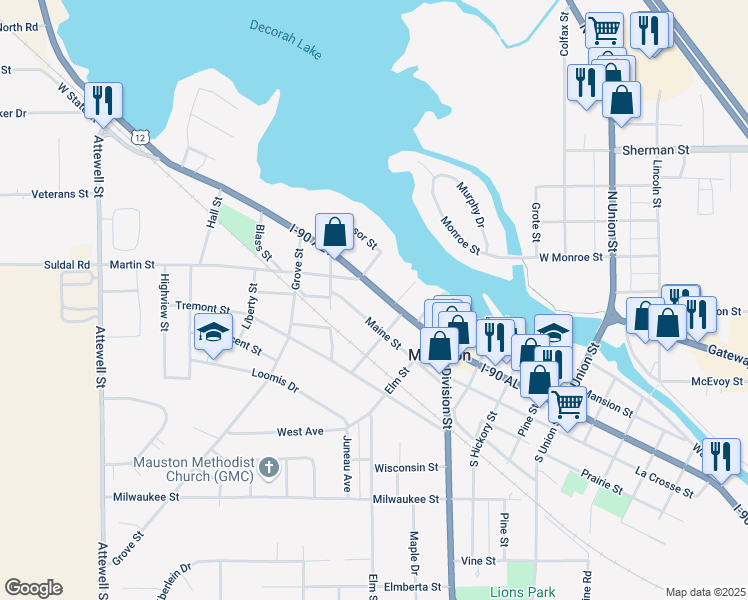 map of restaurants, bars, coffee shops, grocery stores, and more near 308 Wisconsin 16 in Mauston
