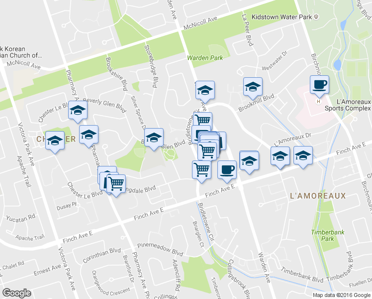 map of restaurants, bars, coffee shops, grocery stores, and more near 3131 Bridletowne Circle in Toronto