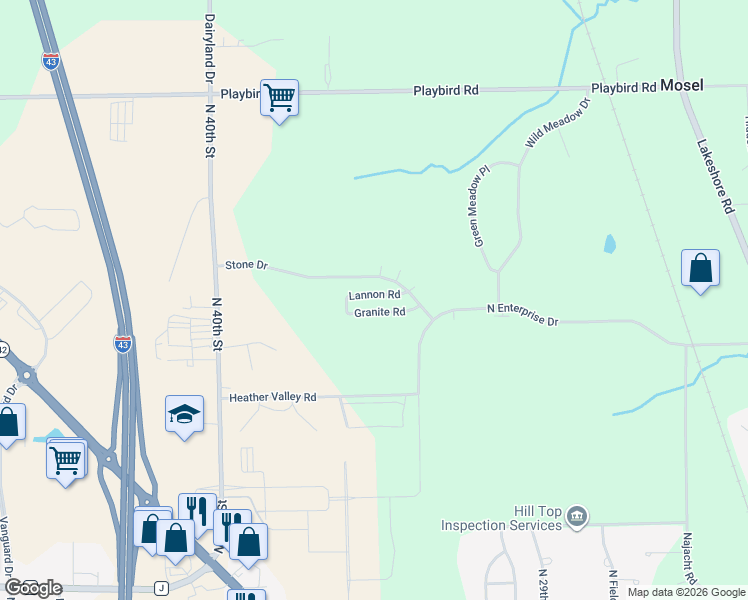 map of restaurants, bars, coffee shops, grocery stores, and more near 3540 Granite Road in Sheboygan