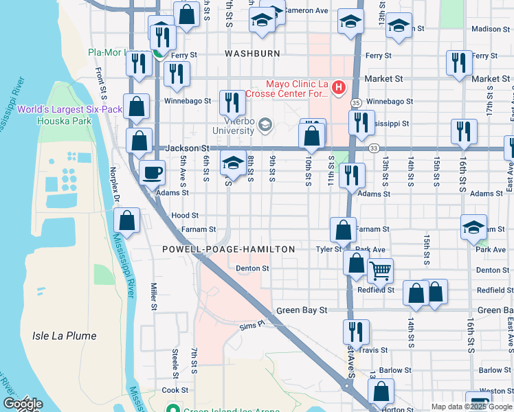 map of restaurants, bars, coffee shops, grocery stores, and more near 817 Hood Street in La Crosse