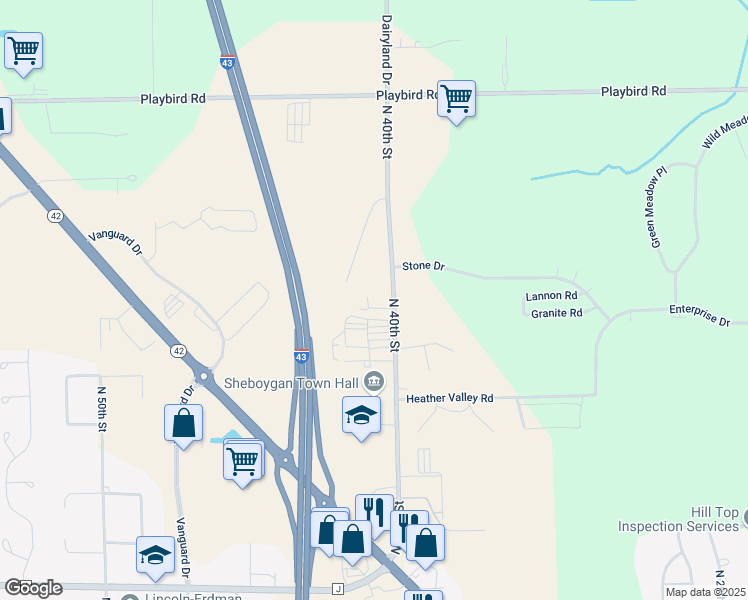 map of restaurants, bars, coffee shops, grocery stores, and more near 4908 North 40th Street in Sheboygan