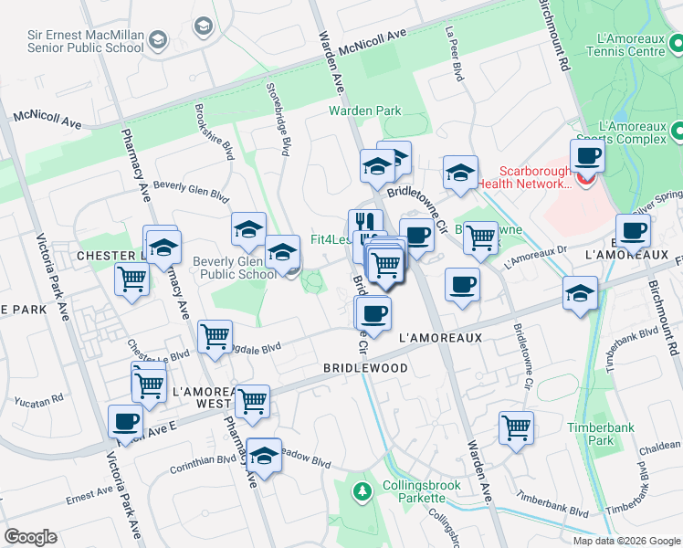 map of restaurants, bars, coffee shops, grocery stores, and more near 3131 Bridletowne Circle in Toronto