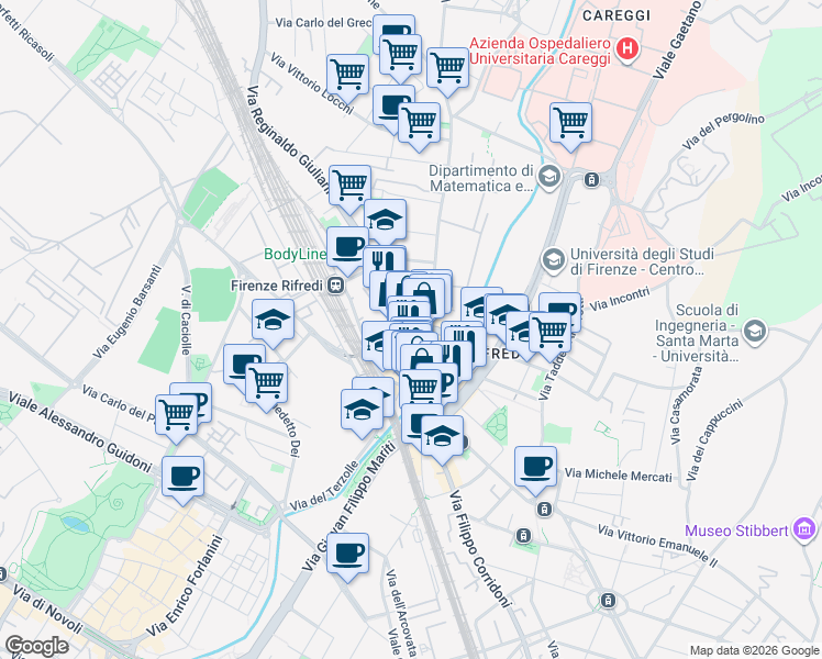 map of restaurants, bars, coffee shops, grocery stores, and more near 72 Via Reginaldo Giuliani in Firenze
