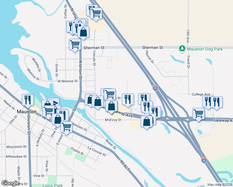 map of restaurants, bars, coffee shops, grocery stores, and more near 527 Jefferson Street in Mauston