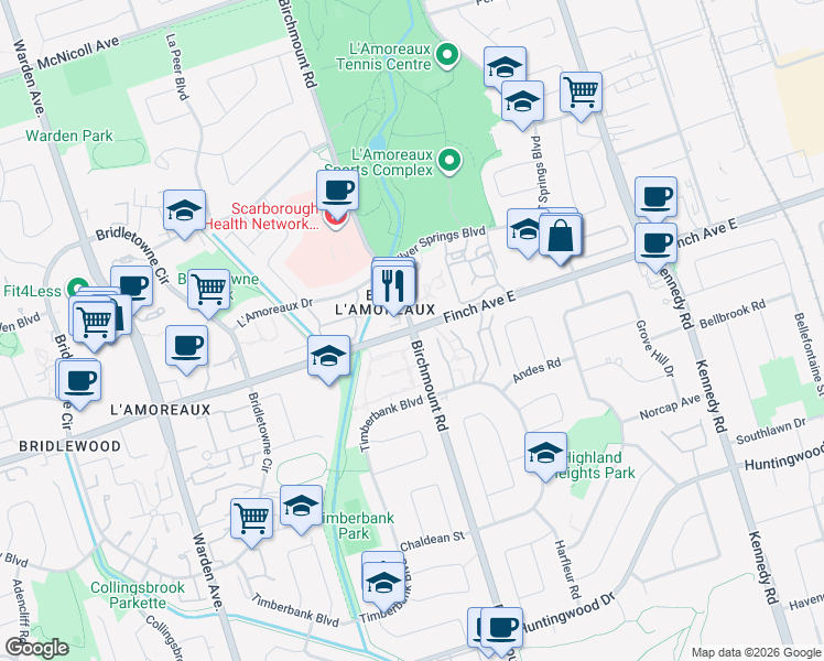 map of restaurants, bars, coffee shops, grocery stores, and more near Birchmount Rd & Finch Ave E in Toronto