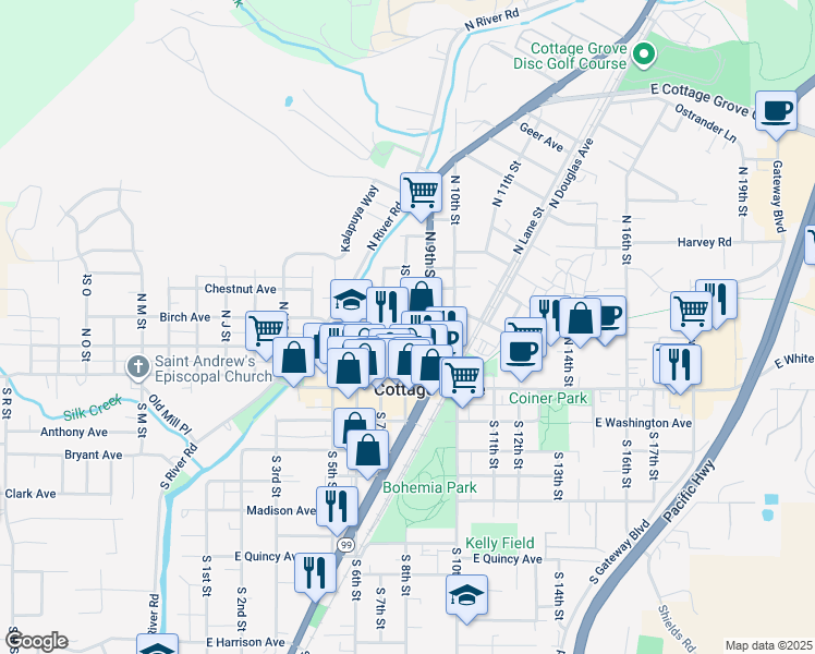 map of restaurants, bars, coffee shops, grocery stores, and more near 136 North 8th Street in Cottage Grove