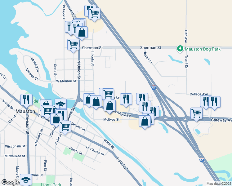 map of restaurants, bars, coffee shops, grocery stores, and more near 532 Jefferson Street in Mauston