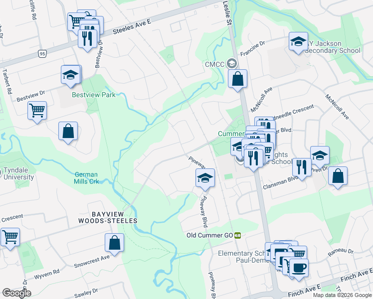 map of restaurants, bars, coffee shops, grocery stores, and more near 205 Pineway Boulevard in Toronto