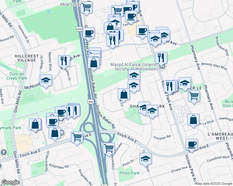 map of restaurants, bars, coffee shops, grocery stores, and more near 132 Shawnee Circle in Toronto