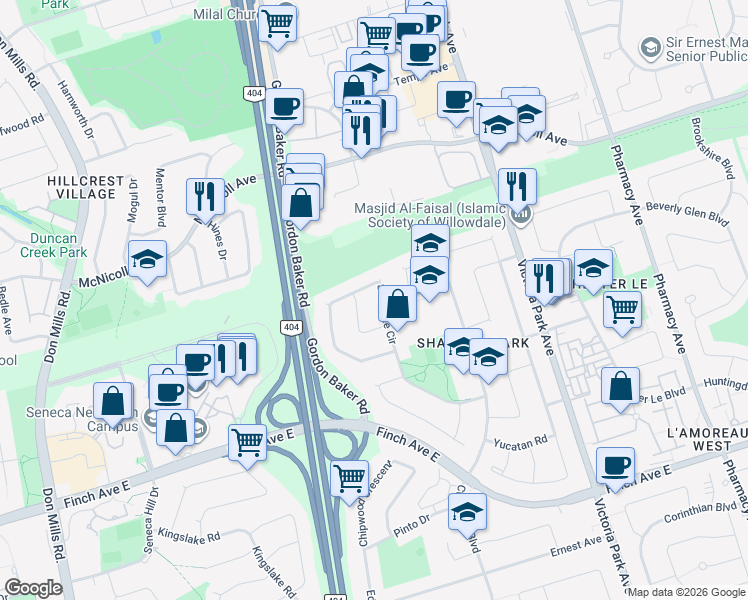 map of restaurants, bars, coffee shops, grocery stores, and more near 132 Shawnee Circle in Toronto