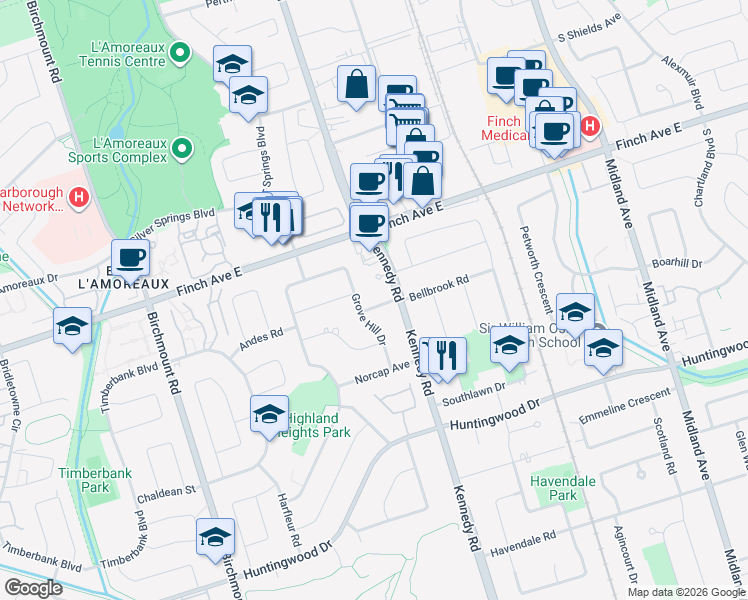 map of restaurants, bars, coffee shops, grocery stores, and more near in Toronto