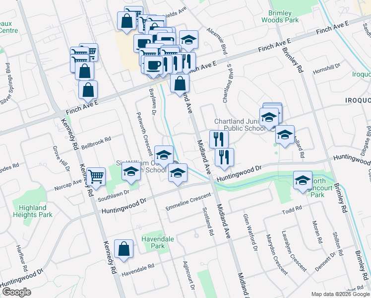 map of restaurants, bars, coffee shops, grocery stores, and more near 2830 Midland Avenue in Toronto