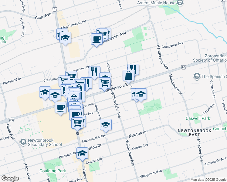 map of restaurants, bars, coffee shops, grocery stores, and more near 77 Steeles Avenue East in Toronto