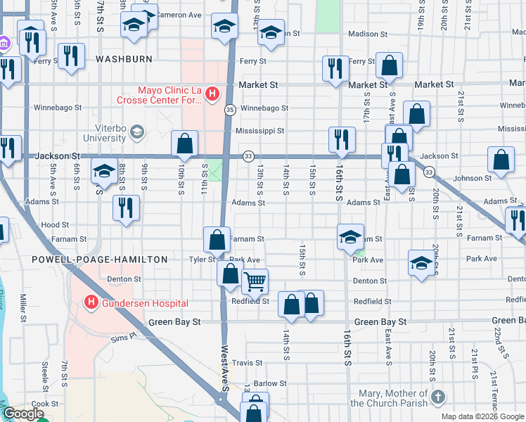 map of restaurants, bars, coffee shops, grocery stores, and more near 1211 13th Street South in La Crosse