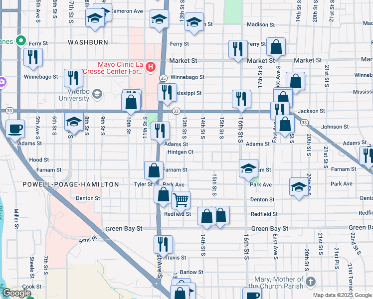 map of restaurants, bars, coffee shops, grocery stores, and more near 1211 13th Street South in La Crosse