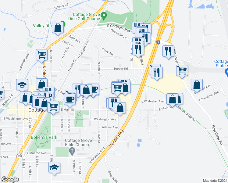 map of restaurants, bars, coffee shops, grocery stores, and more near 125 North Gateway Boulevard in Cottage Grove