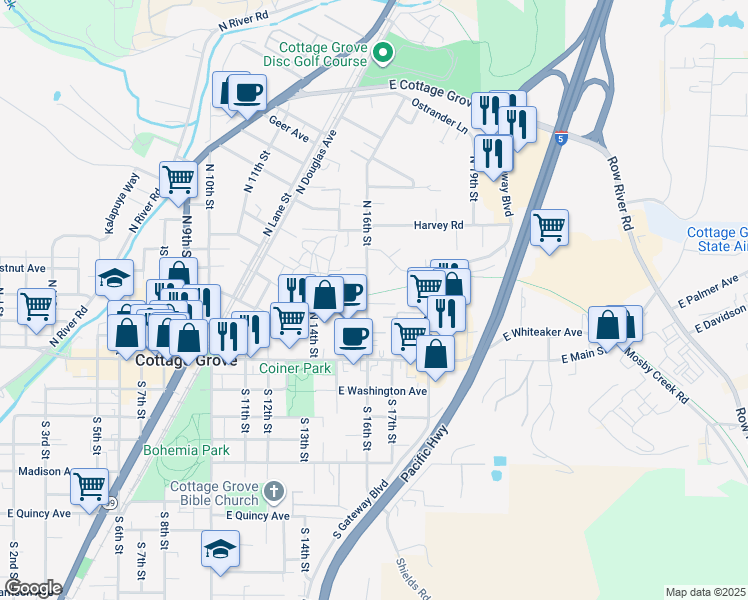 map of restaurants, bars, coffee shops, grocery stores, and more near 106 North 16th Street in Cottage Grove