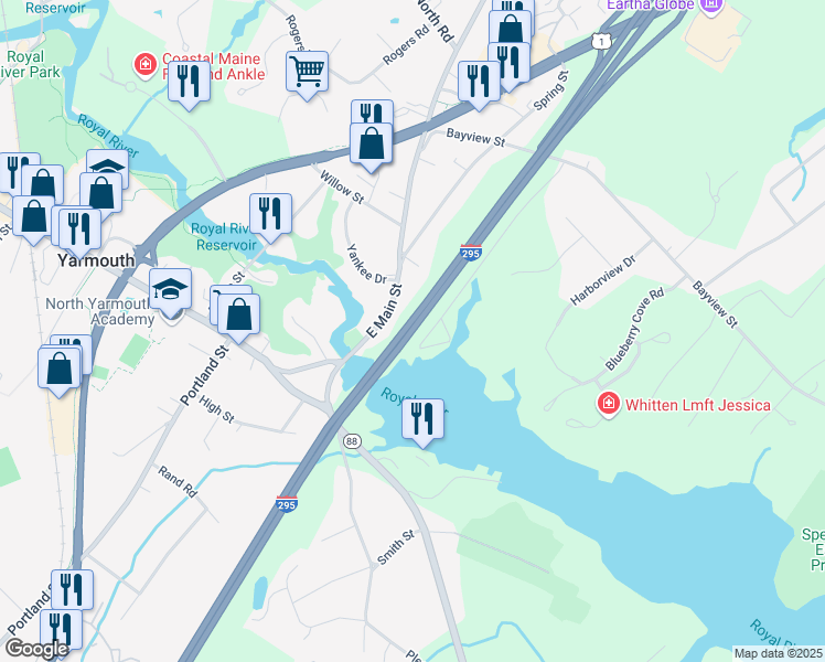 map of restaurants, bars, coffee shops, grocery stores, and more near 35 East Main Street in Yarmouth