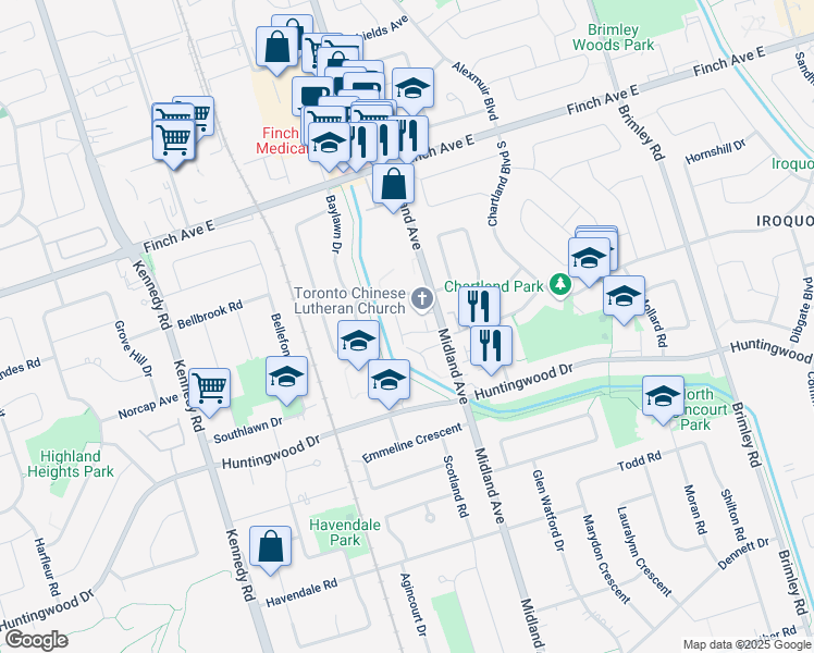 map of restaurants, bars, coffee shops, grocery stores, and more near in Toronto