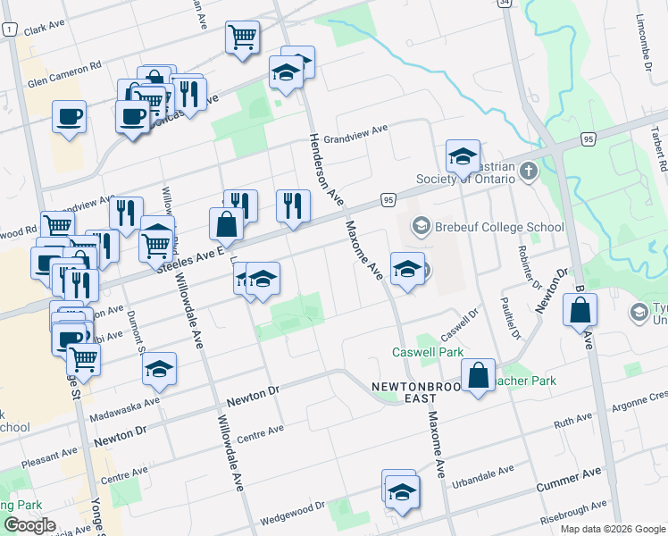 map of restaurants, bars, coffee shops, grocery stores, and more near 12 Michigan Drive in Toronto