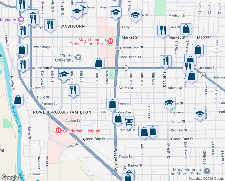 map of restaurants, bars, coffee shops, grocery stores, and more near 1224 West Avenue South in La Crosse
