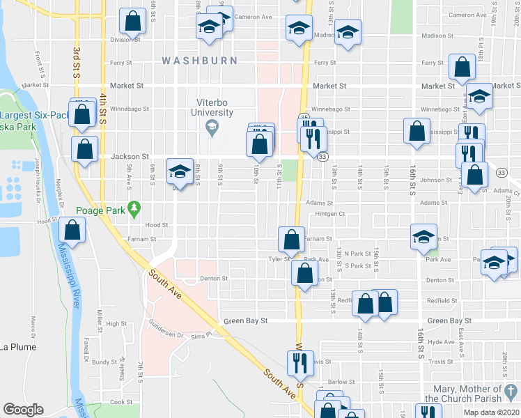 map of restaurants, bars, coffee shops, grocery stores, and more near 1209 10th Street in La Crosse