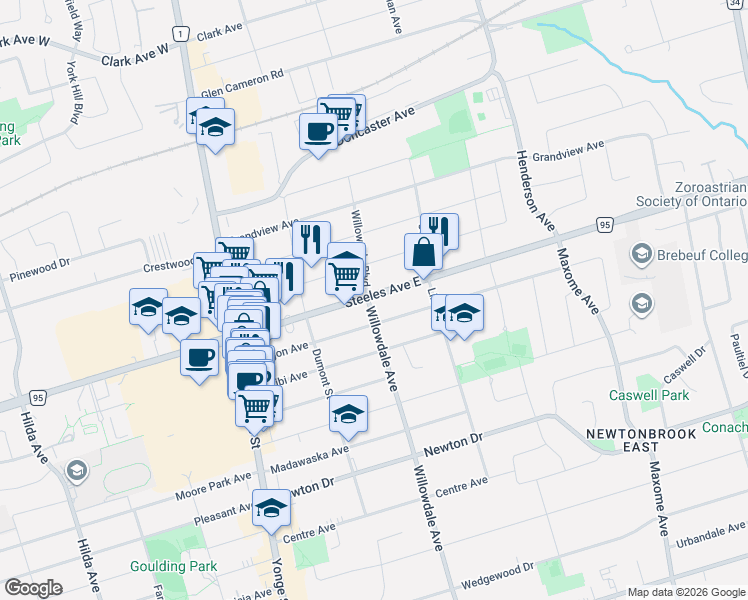 map of restaurants, bars, coffee shops, grocery stores, and more near 77 Steeles Avenue East in Toronto