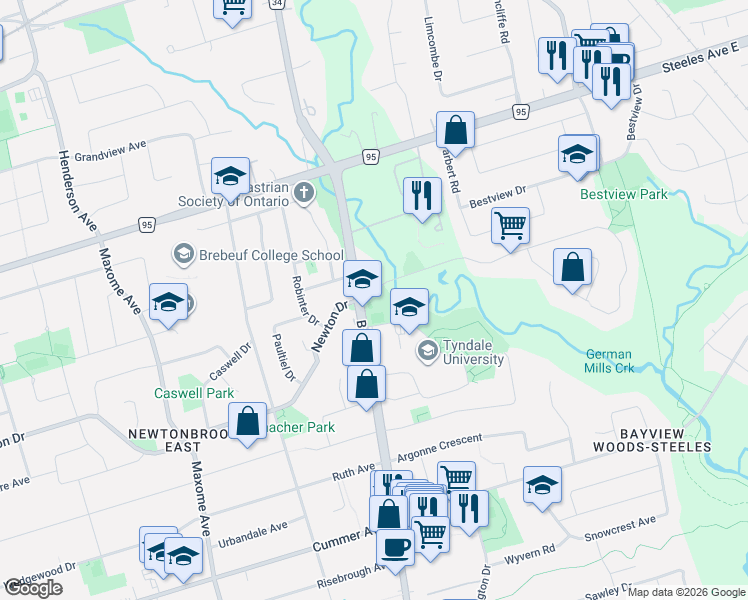 map of restaurants, bars, coffee shops, grocery stores, and more near 1 Garnier Court in Toronto