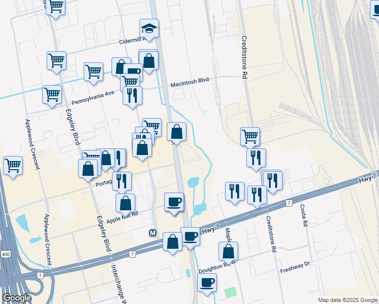 map of restaurants, bars, coffee shops, grocery stores, and more near in Vaughan