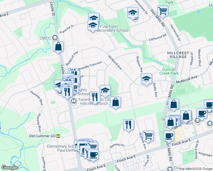 map of restaurants, bars, coffee shops, grocery stores, and more near 67 Clansman Boulevard in Toronto