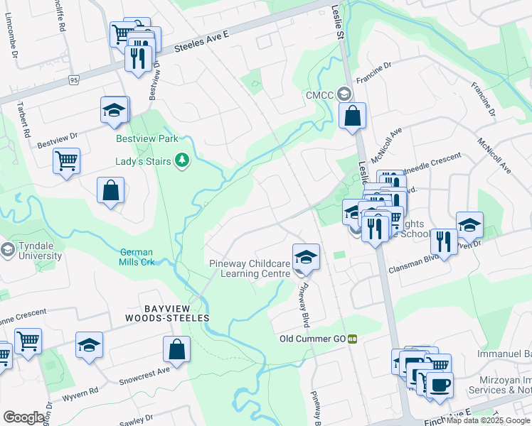 map of restaurants, bars, coffee shops, grocery stores, and more near 57 Bruce Farm Drive in Toronto