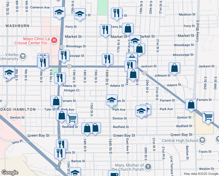 map of restaurants, bars, coffee shops, grocery stores, and more near 1232 16th Street South in La Crosse