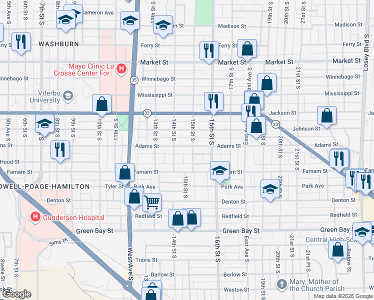 map of restaurants, bars, coffee shops, grocery stores, and more near 1230 15th Street South in La Crosse