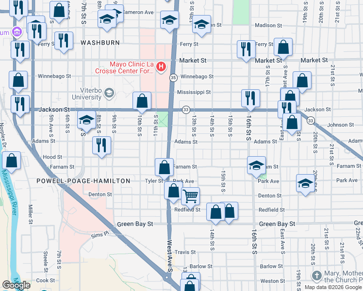 map of restaurants, bars, coffee shops, grocery stores, and more near 1205 Hintgen Court in La Crosse