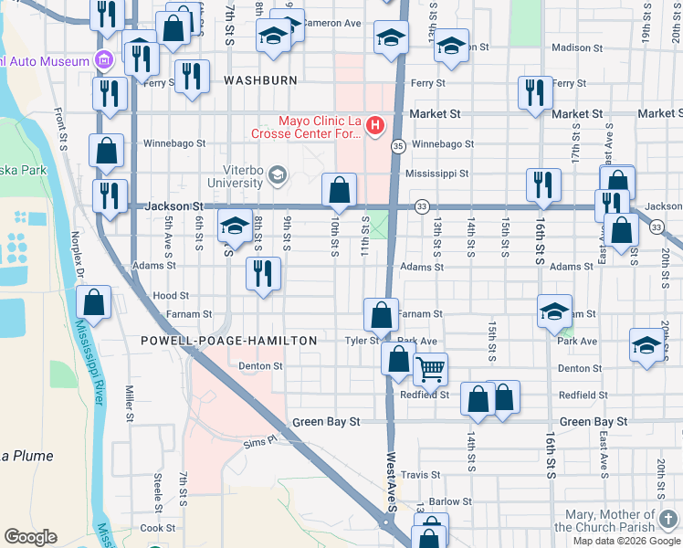 map of restaurants, bars, coffee shops, grocery stores, and more near 1233 10th Street in La Crosse