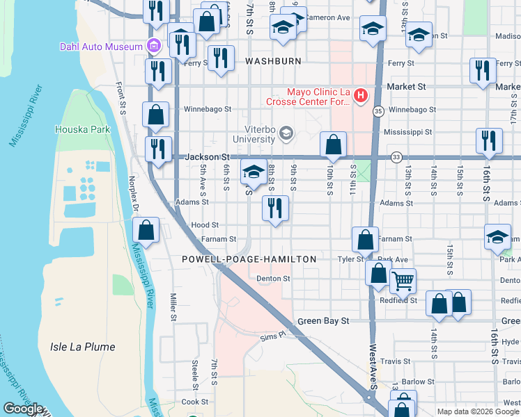 map of restaurants, bars, coffee shops, grocery stores, and more near 718 Hood Street in La Crosse