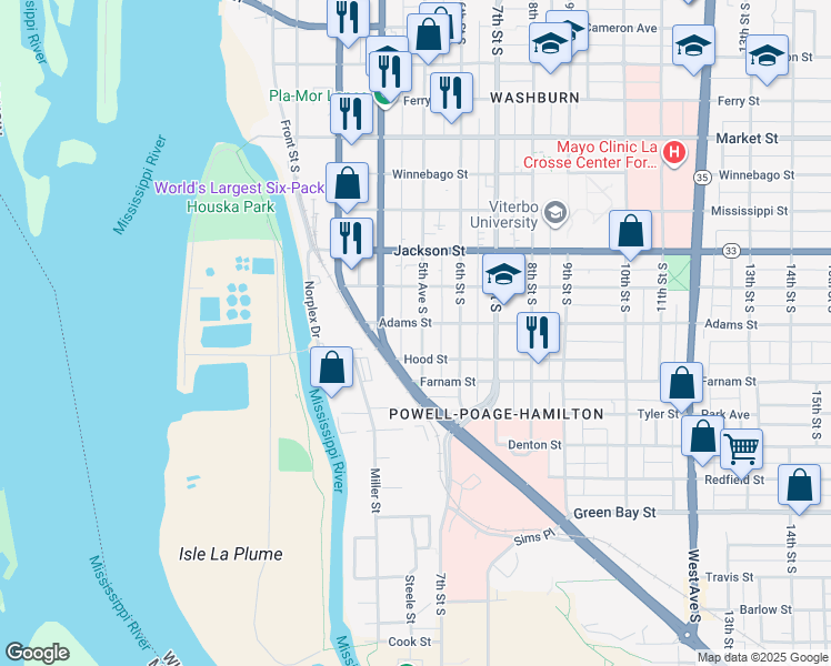 map of restaurants, bars, coffee shops, grocery stores, and more near 1427 4th Street South in La Crosse