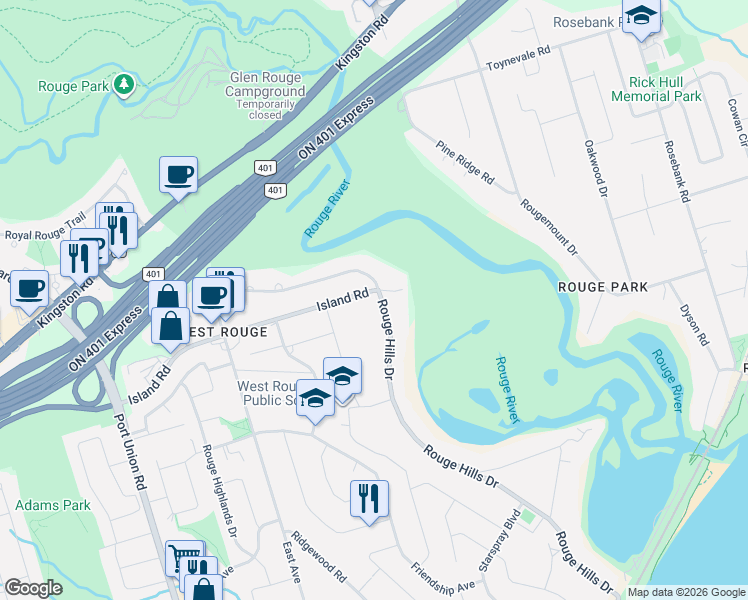 map of restaurants, bars, coffee shops, grocery stores, and more near 239 Island Road in Toronto