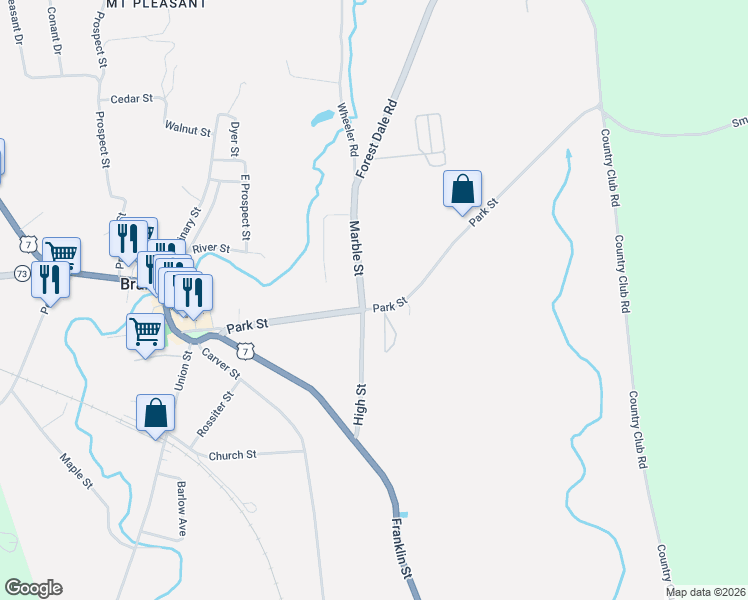 map of restaurants, bars, coffee shops, grocery stores, and more near 75 Park Street in Brandon