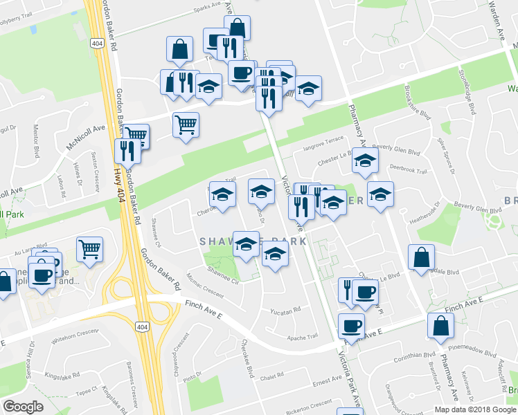 map of restaurants, bars, coffee shops, grocery stores, and more near 47 Navaho Drive in Toronto