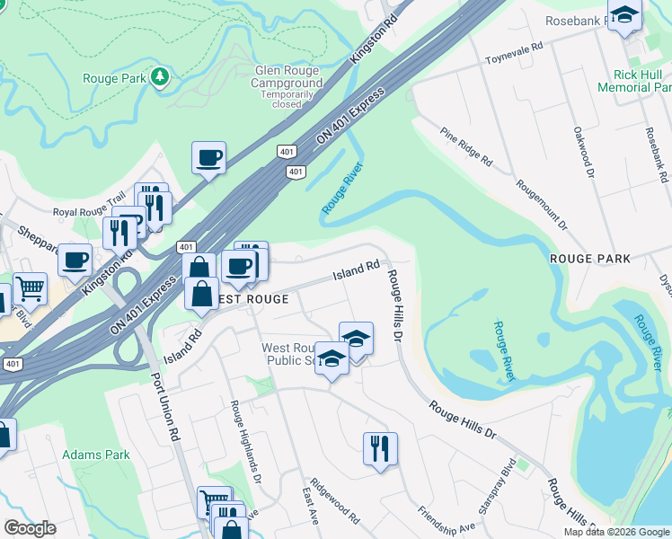 map of restaurants, bars, coffee shops, grocery stores, and more near 192 Island Road in Toronto