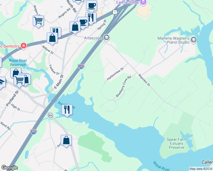 map of restaurants, bars, coffee shops, grocery stores, and more near 126 Harborview Drive in Yarmouth